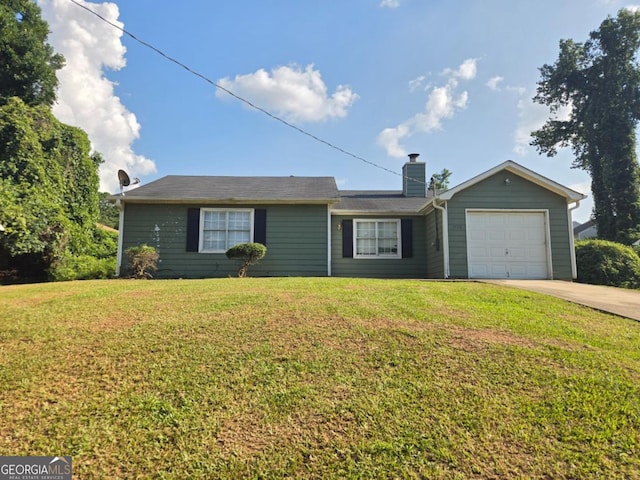 single story home featuring a front yard and a garage