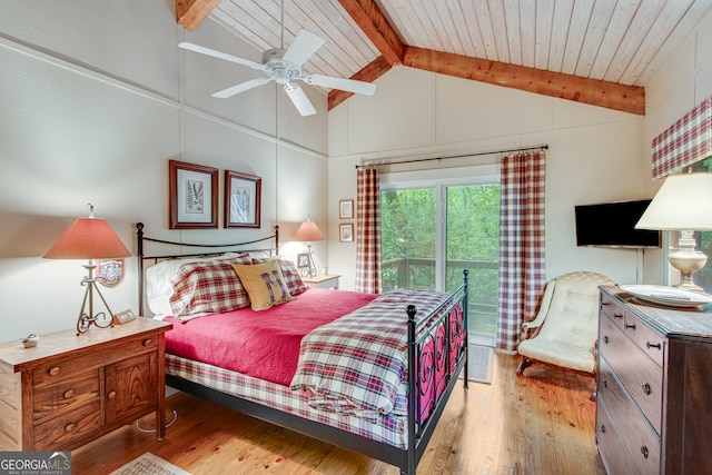 bedroom with vaulted ceiling with beams, ceiling fan, wood ceiling, and light wood-type flooring