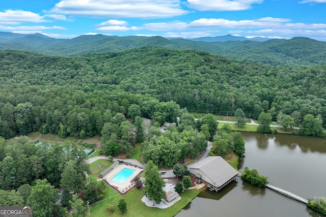 birds eye view of property with a water and mountain view