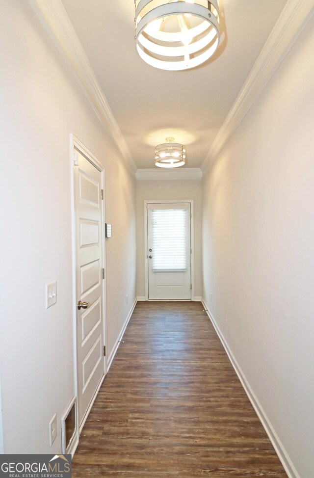 entryway with wood-type flooring and crown molding