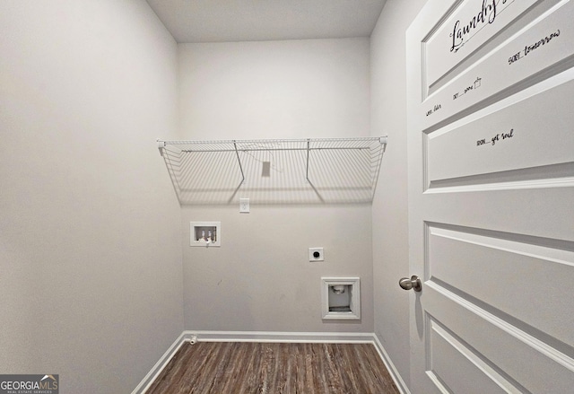 laundry room with washer hookup, dark wood-type flooring, electric dryer hookup, laundry area, and baseboards