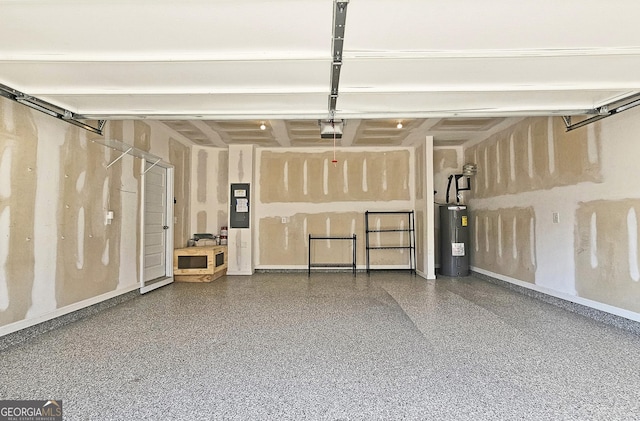 garage with water heater, electric panel, and a garage door opener