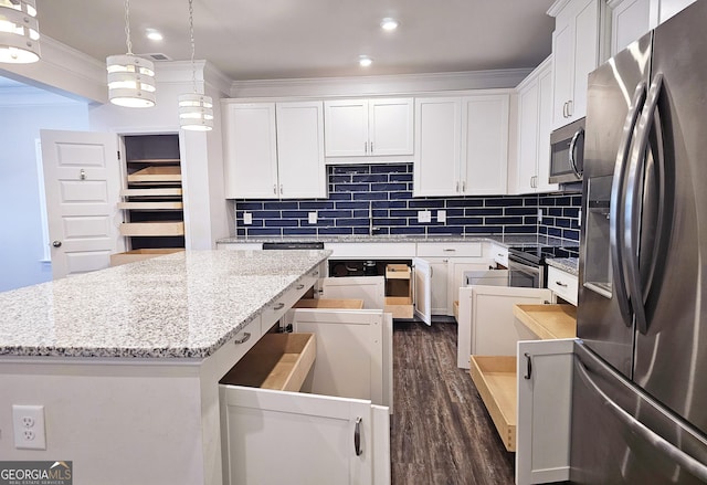 kitchen featuring dark wood-style flooring, crown molding, backsplash, appliances with stainless steel finishes, and white cabinets