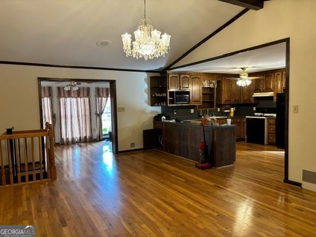 kitchen with ceiling fan with notable chandelier, crown molding, kitchen peninsula, vaulted ceiling with beams, and dark hardwood / wood-style floors