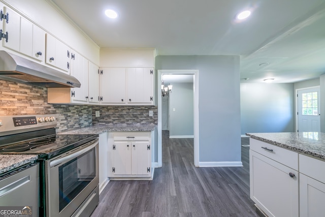 kitchen with white cabinetry, dark wood-type flooring, backsplash, light stone countertops, and stainless steel electric range oven