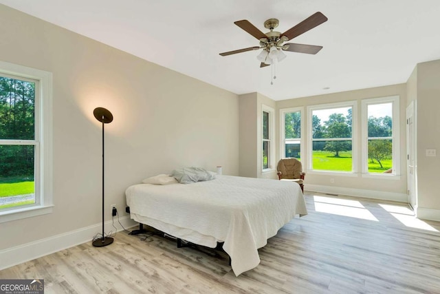 bedroom with ceiling fan and light hardwood / wood-style floors