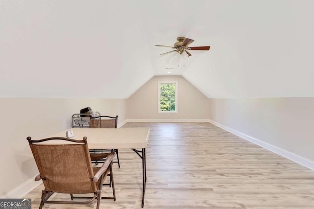 bonus room featuring light wood-type flooring, ceiling fan, and vaulted ceiling