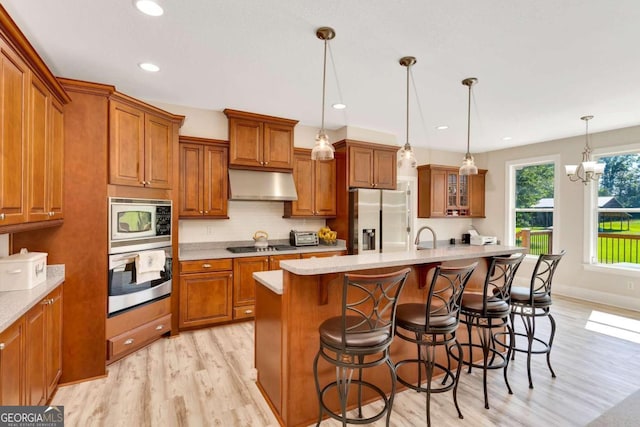 kitchen with stainless steel appliances, light hardwood / wood-style floors, a breakfast bar area, and an island with sink