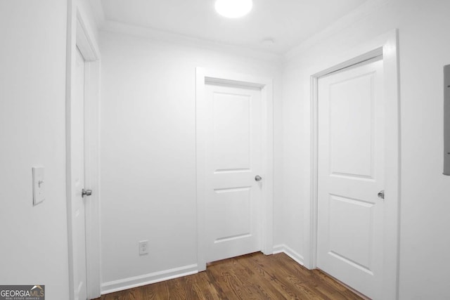 hallway featuring ornamental molding and dark hardwood / wood-style flooring