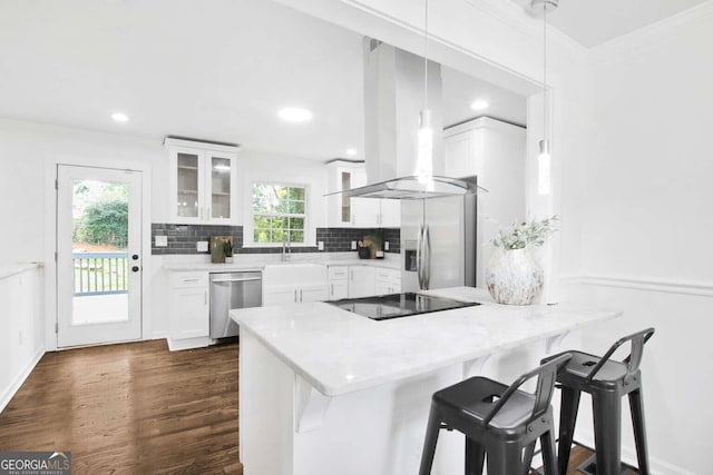 kitchen featuring pendant lighting, wall chimney range hood, stainless steel appliances, and plenty of natural light