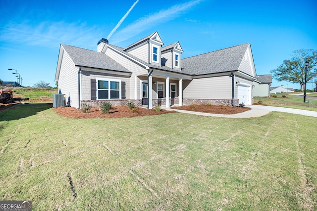 new england style home featuring cooling unit, a front lawn, and a garage