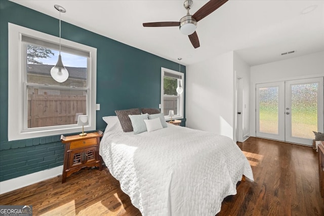 bedroom with wood-type flooring, french doors, access to exterior, and ceiling fan