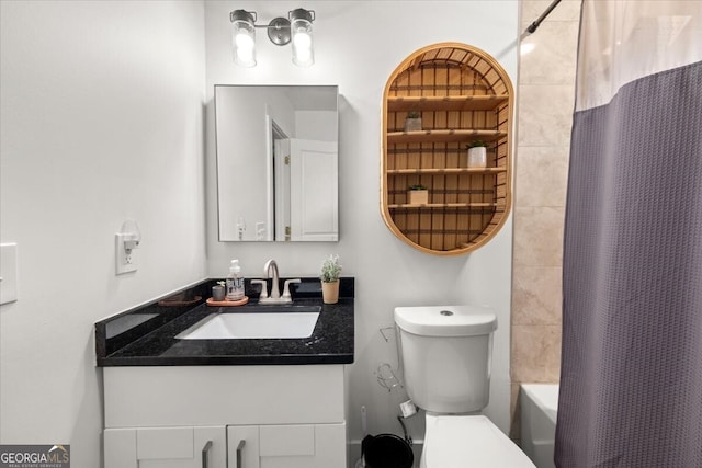 full bathroom featuring vanity, toilet, and shower / bathtub combination with curtain