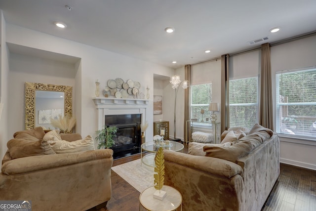 living room featuring dark wood-type flooring