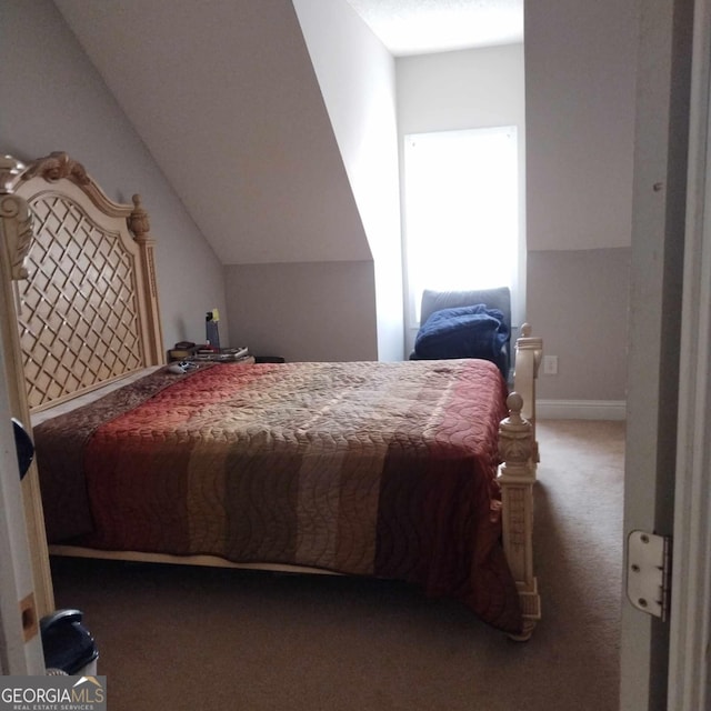 bedroom with lofted ceiling and carpet floors