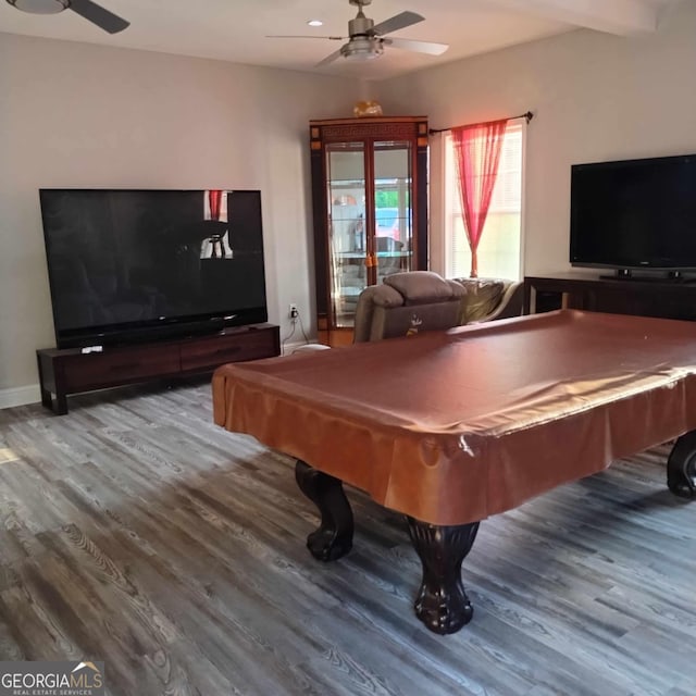 playroom with ceiling fan, beamed ceiling, hardwood / wood-style flooring, and billiards