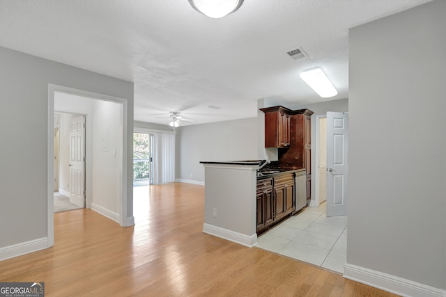 kitchen featuring a textured ceiling, light hardwood / wood-style flooring, sink, ceiling fan, and stainless steel dishwasher