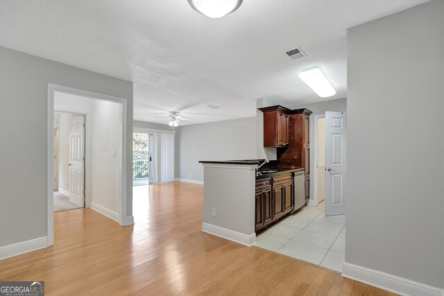 kitchen featuring a textured ceiling, light hardwood / wood-style flooring, sink, ceiling fan, and stainless steel dishwasher