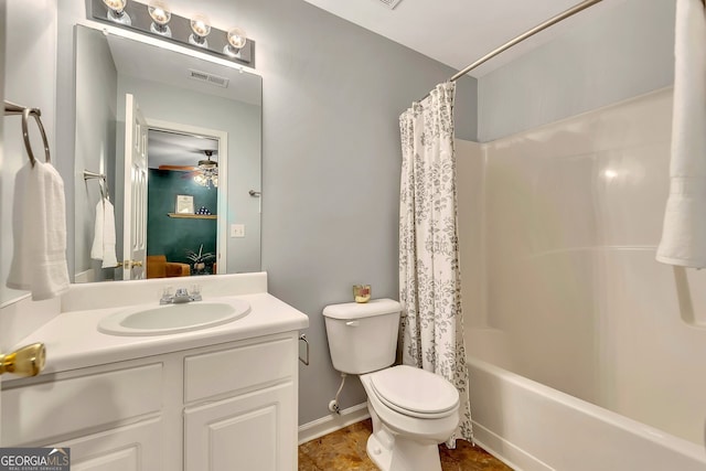 full bathroom featuring vanity, ceiling fan, shower / bath combo with shower curtain, toilet, and tile patterned flooring