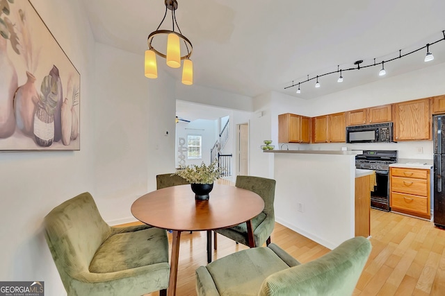 interior space featuring rail lighting, light wood-type flooring, pendant lighting, and black appliances