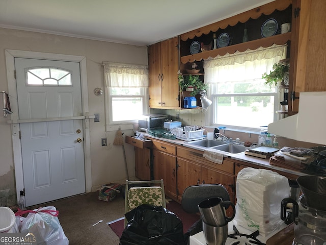 kitchen featuring light countertops, ornamental molding, brown cabinetry, and a sink