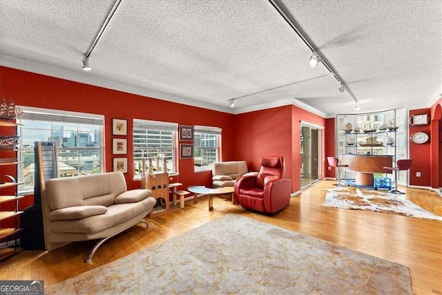 living area featuring ornamental molding, rail lighting, a textured ceiling, and wood finished floors