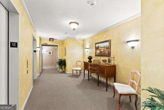 corridor featuring carpet floors, a textured ceiling, baseboards, and crown molding