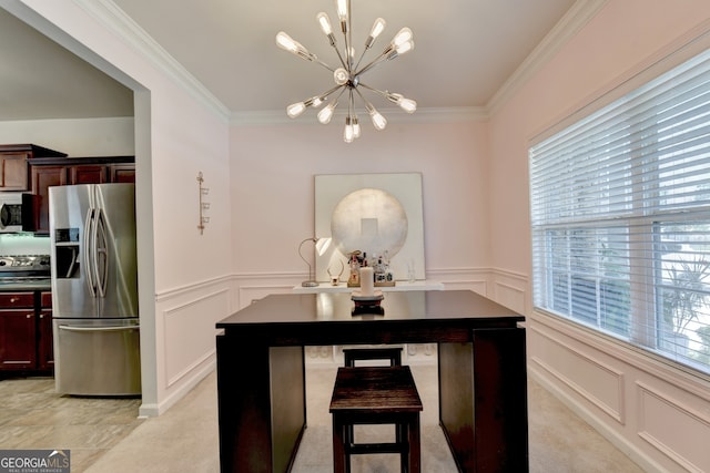 interior space featuring light colored carpet, ornamental molding, and a chandelier