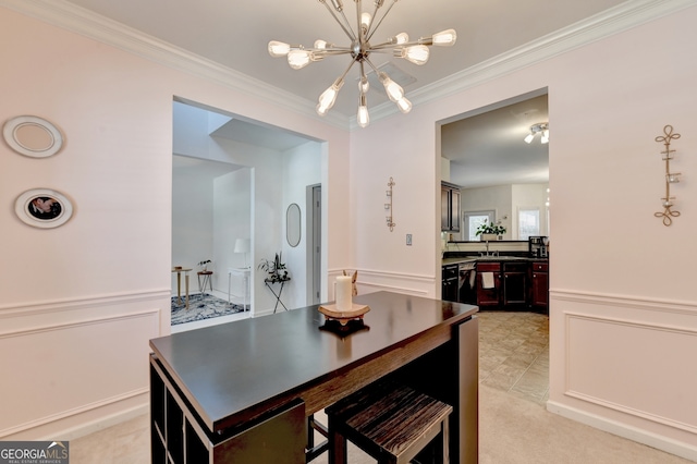 carpeted dining room featuring an inviting chandelier and crown molding