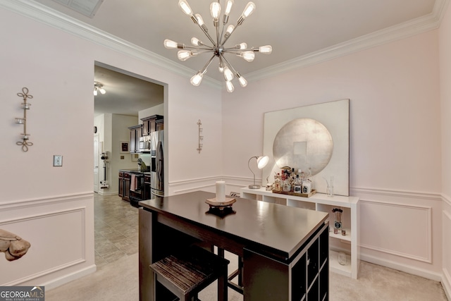 carpeted dining area featuring crown molding and a notable chandelier