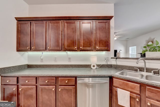 kitchen with dishwasher, sink, and ceiling fan