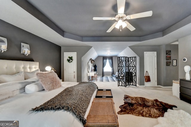 bedroom with a tray ceiling and carpet floors