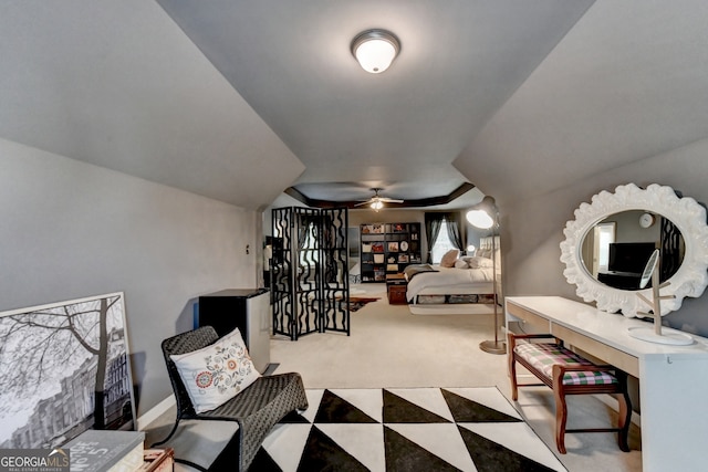 interior space featuring light colored carpet and vaulted ceiling