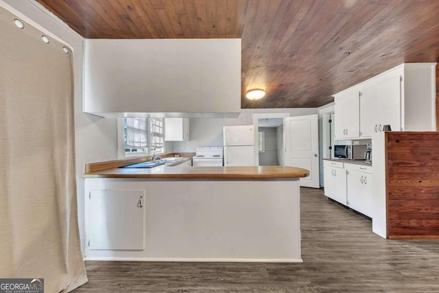 kitchen with white cabinetry, dark hardwood / wood-style flooring, white appliances, and kitchen peninsula