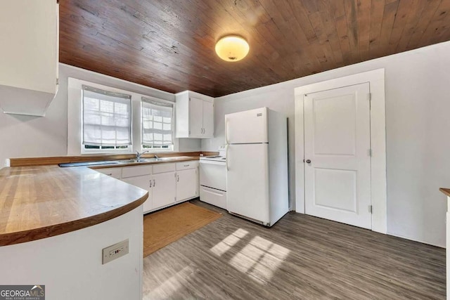 kitchen with sink, wooden ceiling, dark hardwood / wood-style flooring, white appliances, and white cabinets