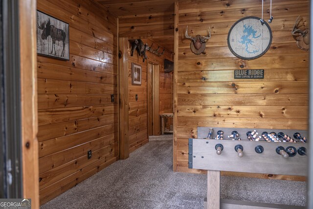 recreation room featuring wood walls and carpet flooring