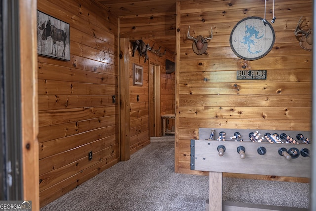 rec room with carpet floors and wooden walls