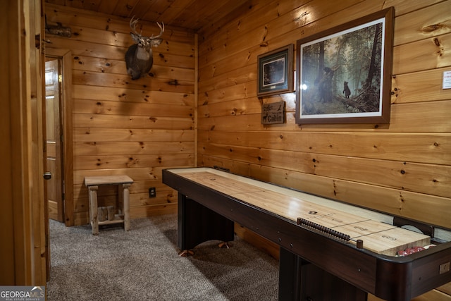 interior space with carpet flooring and wooden ceiling