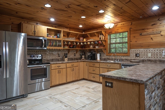 kitchen with stainless steel appliances, wooden ceiling, backsplash, and kitchen peninsula