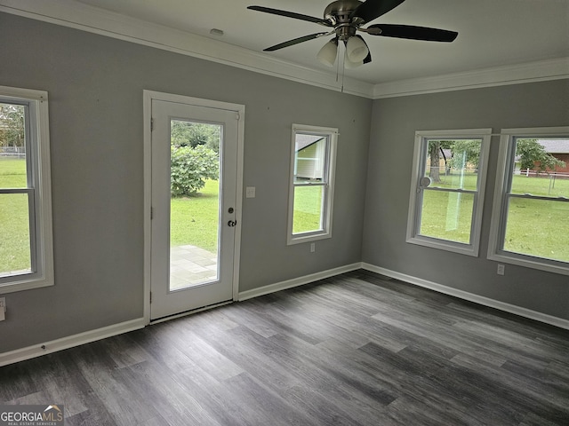 interior space with ornamental molding, a healthy amount of sunlight, and dark hardwood / wood-style flooring