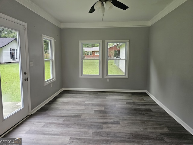 unfurnished room with ornamental molding, ceiling fan, and light wood-type flooring