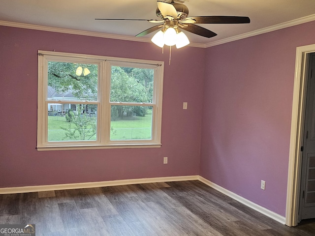 unfurnished room with crown molding, wood-type flooring, and ceiling fan