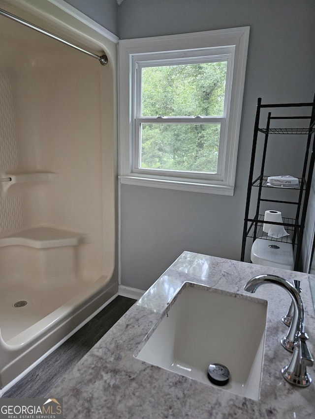 bathroom featuring a shower, wood-type flooring, and vanity