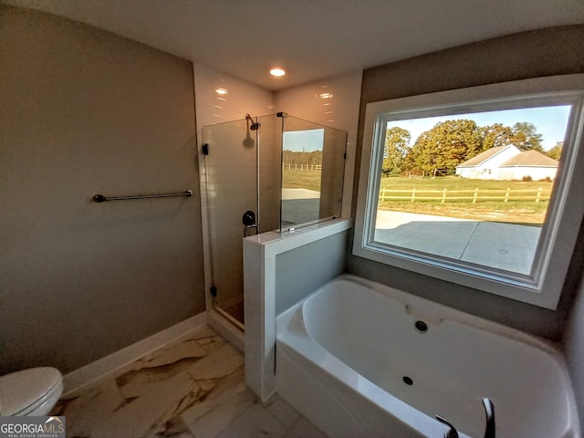 bathroom featuring toilet and plus walk in shower