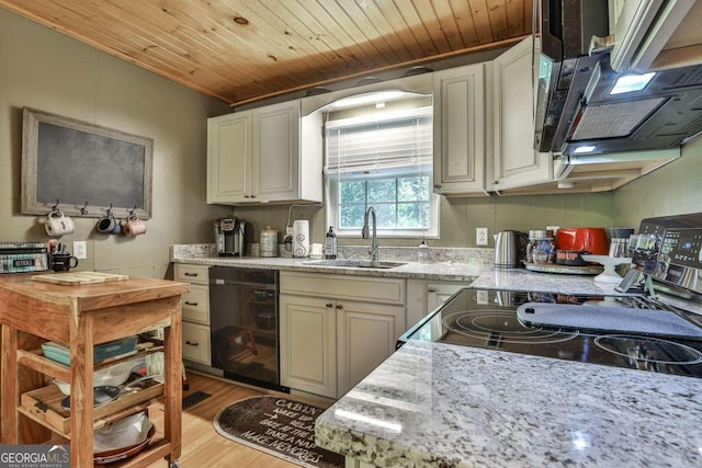 kitchen featuring range, black dishwasher, wood ceiling, sink, and light hardwood / wood-style floors