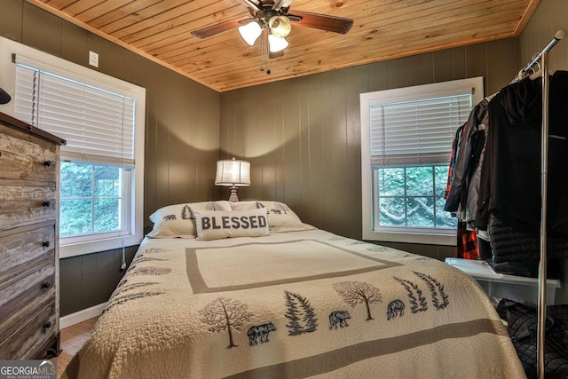 bedroom featuring wood ceiling, ceiling fan, and wood-type flooring