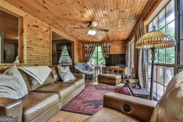 living room featuring ceiling fan, wood-type flooring, wood walls, and wooden ceiling