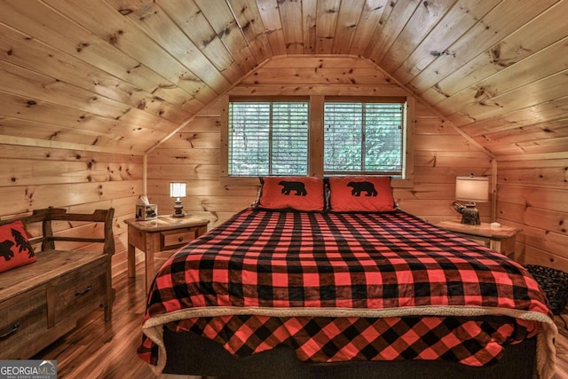 bedroom featuring wooden ceiling, lofted ceiling, and hardwood / wood-style flooring