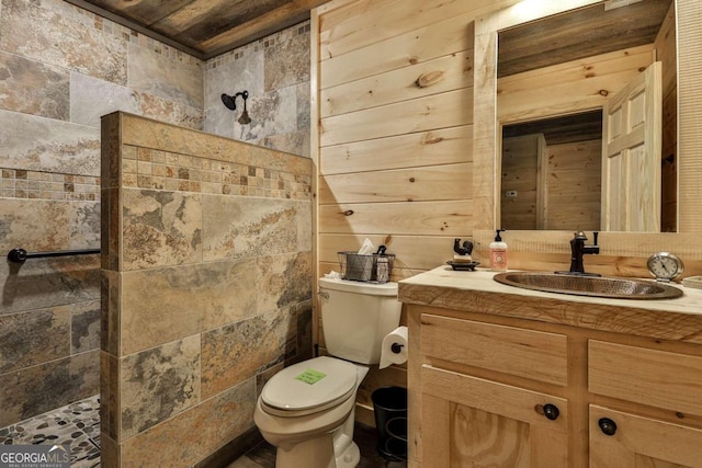 bathroom featuring walk in shower, wooden walls, wood ceiling, toilet, and vanity