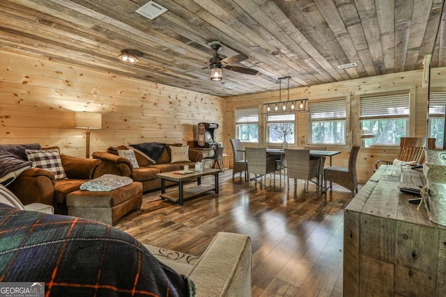 living room with hardwood / wood-style flooring, wood walls, wood ceiling, and ceiling fan